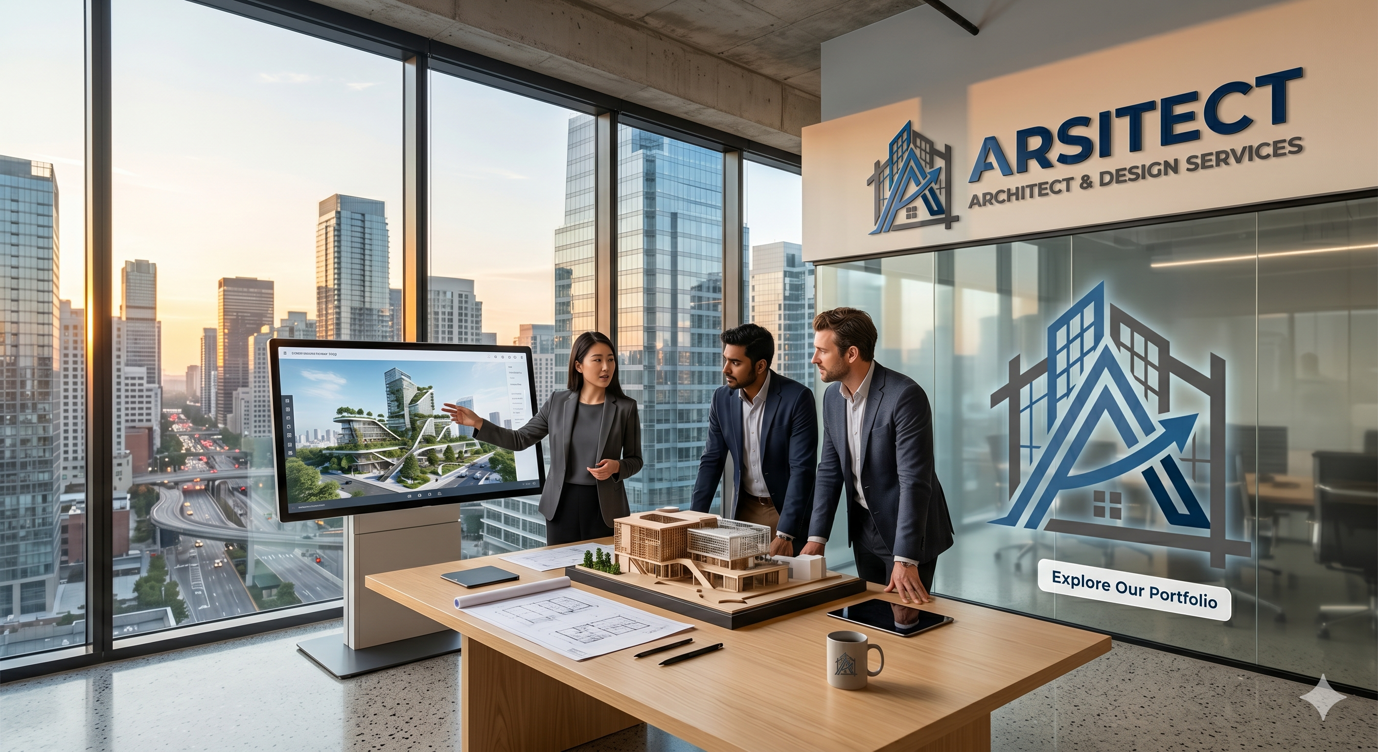 Arsitect studio team reviewing an architectural model